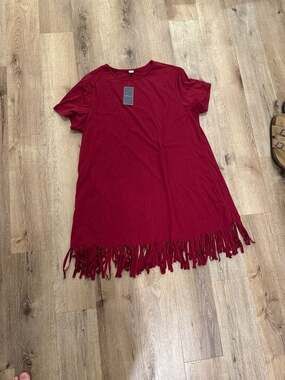 Women's XXL Red Fringe Hem Short Sleeve T-Shirt Dress
